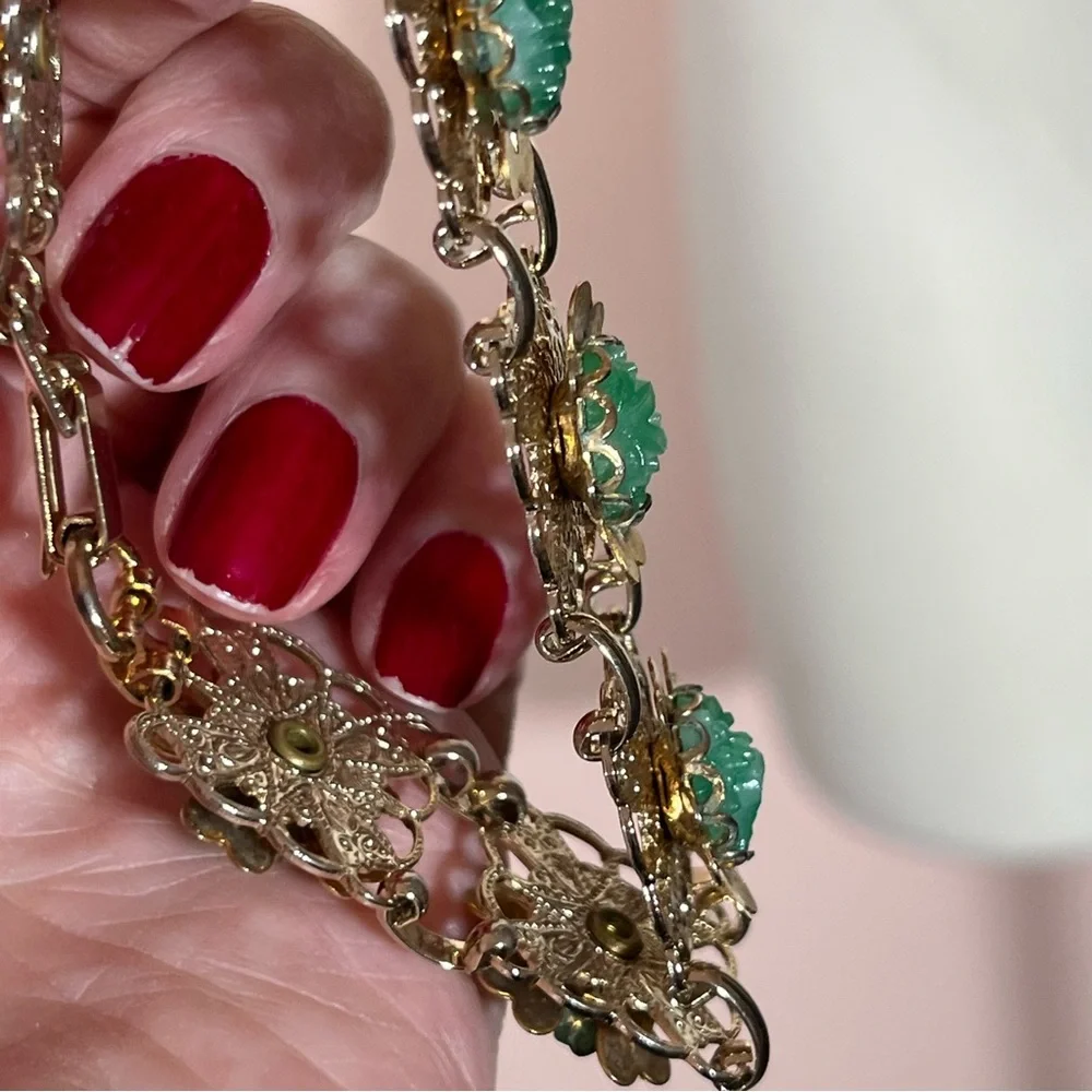 Vintage antique 1940's Art deco Green Peeking Glass Gold wide Bracelet